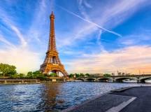 Paris Eiffel Tower and river Seine at sunset