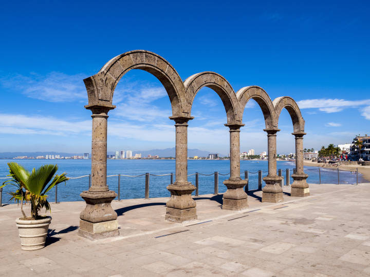 Arcos del Malecon sculpture in Puerto Vallarta originally brought from a colonial hacienda in Guadalajara, Mexico