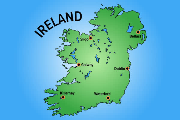 Map of key tourist cities in Ireland.